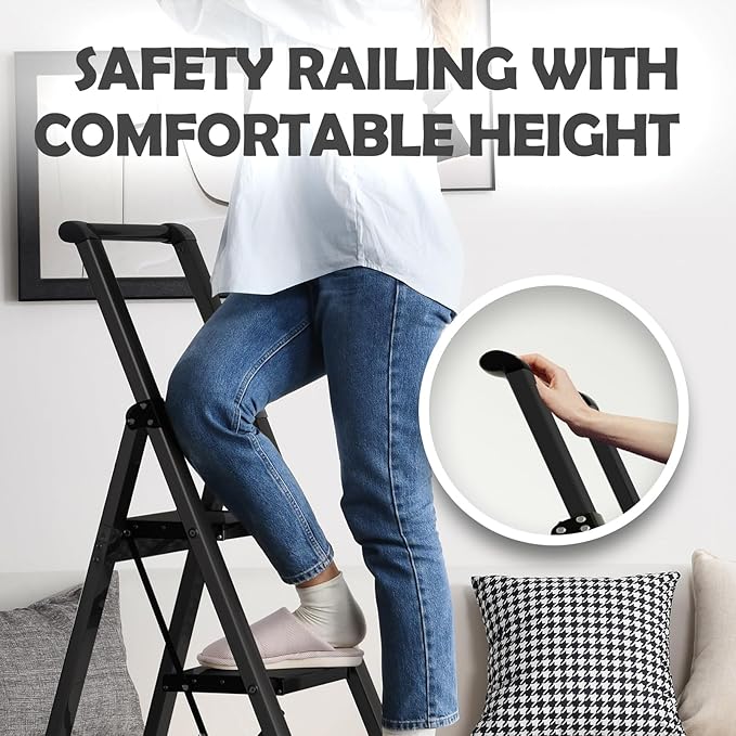 Taranta Step Ladder 3 Step Folding,Lightweight Portable Step Ladder with Anti-Split Pedal,Ladders with Convenient Handgrip,Aluminum Step Stool for Library, Home, Kitchen - Black