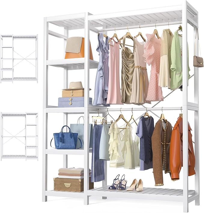 Homykic Bamboo Clothes Rack Garment Rack for Hanging Clothes, Heavy Duty Clothing Rack with 7 Tiers Adjustable Shelves, Double Rods, 4 Hooks, Freestanding Closet System Organizer Wardrobe, White