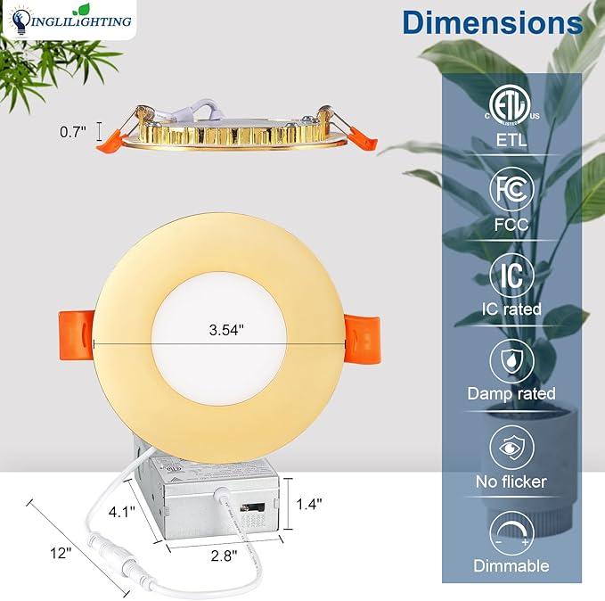 DLLT LED Recessed Ceiling Light: 6 Pack 3 Inch Gold Recessed Lighting