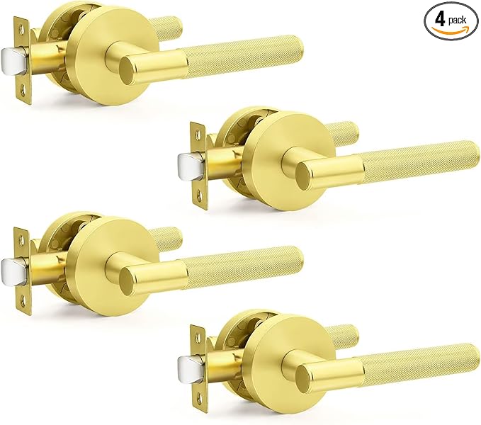Gold Door Handles Interior No Lock 4 Pack, Round Passage Door Lever for Closet and Hall, Modern Knurled Reversible Door Knobs