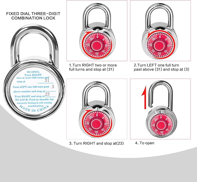 Combination Padlock 48 Pack, Fixed Dial Combination Padlock with Different Combinations, 2 in. Wide. Red Turntable, Lock for Gym & Locker, School, Toolbox, and More