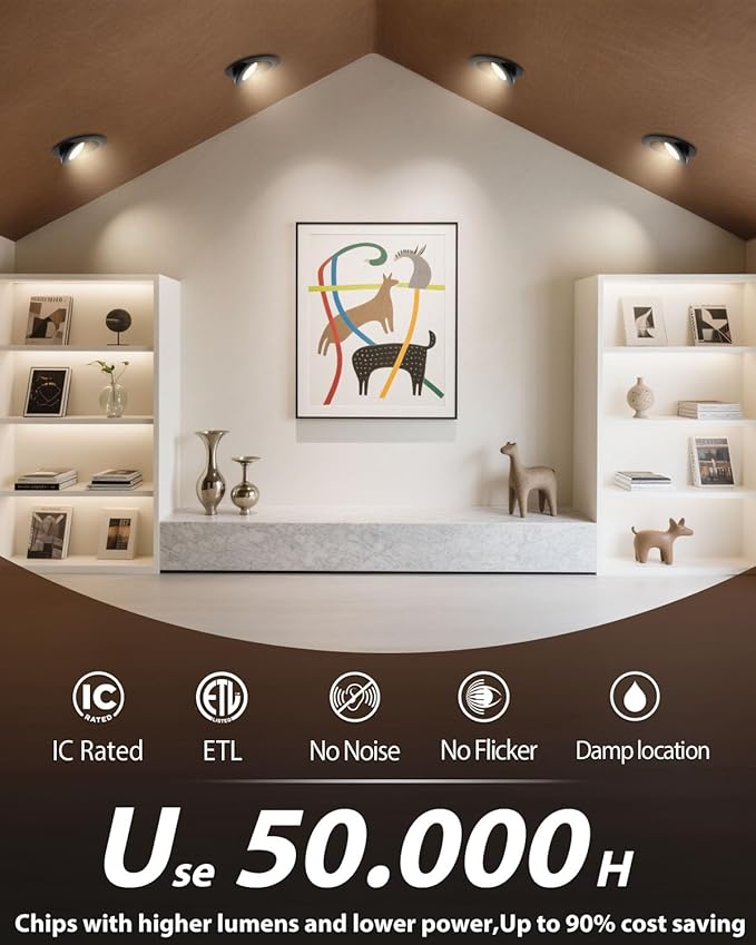 zouzai 4 inch 5CCT Gimbal Black LED Recessed Lights, 360°+90° Adjustable, Dimmable (2700K-5000K), Retrofit Eyeball Lights with Jbox, ETL Listed, Ideal for Home, Commercial & Display, 6 Pack