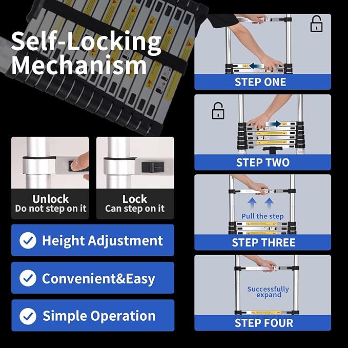 JADDUO Telescoping Ladder 12.5 FT Extension Ladder Aluminum Lightweight Telescopic Ladders with 2 Triangle Stabilizers Ladders for Travel & Home & RV