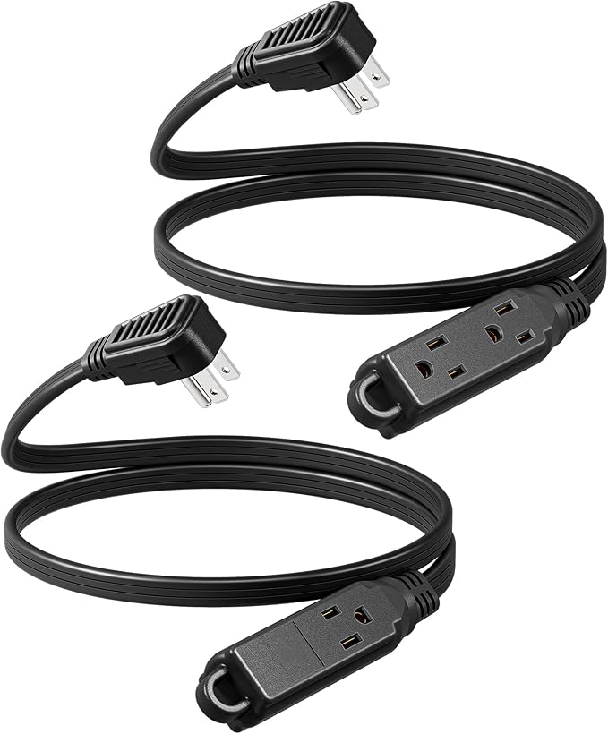 DEWENWILS 3 Outlet Extension Cord with Flat Plug, 3FT 16/3 Awg Grounded Power Cable for Indoor Use, SPT-3 Cord, Black, ETL Listed, 2 Pack…