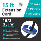 Clear Power 16 Gauge 3Prong Cords (16/3-3 Prong Grounded Plug, Black, 15 ft)