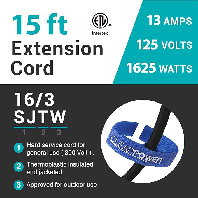 Clear Power 16 Gauge 3Prong Cords (16/3-3 Prong Grounded Plug, Black, 15 ft)