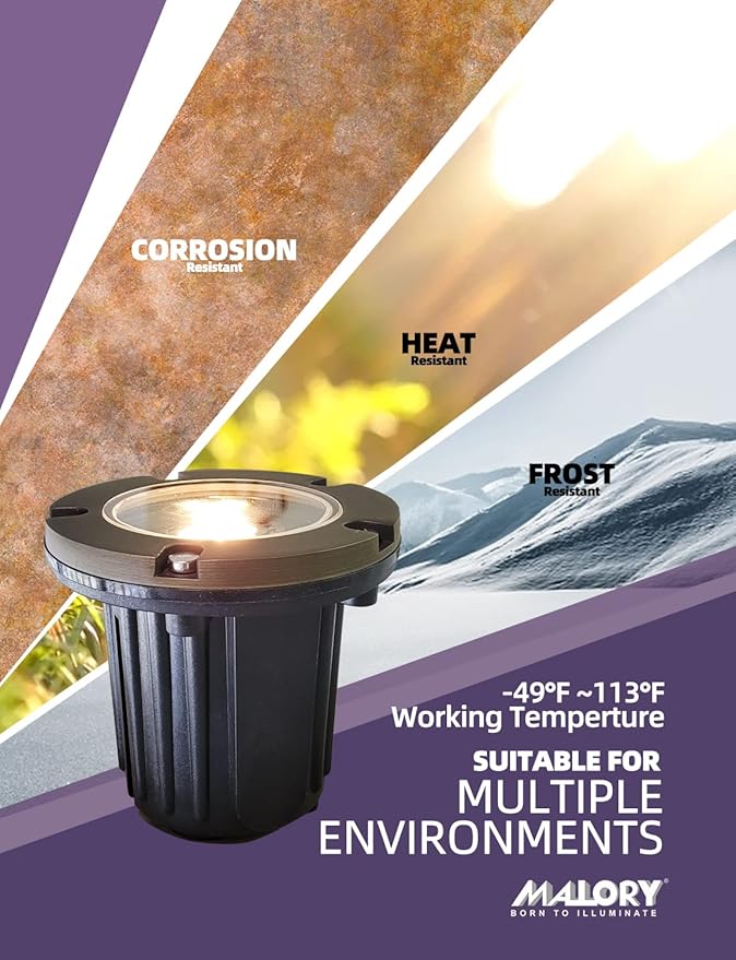 MALORY Brass Top Cover Landscape Well Lights, (4.6''H) 12V Low Voltage Outdoor In Ground Lights,Landscape Lighting for Pathway, Driveway and Garden 4-Pack with MR16 Bulb (Flat Top)