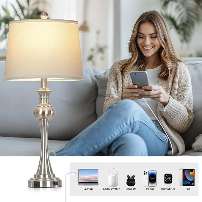 28.75" Silver Table Lamps for Living Room,Touch Lamps for Bedrooms Set of 2 - Nightstand Table Lamp with USB C+A, 3 Way Dimmable Bedside Lamps End Tables Brushed Nickel