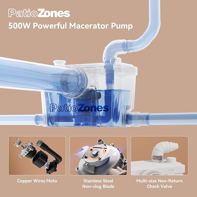 Macerator Pump, Sewage Upflow Grinder Pump with Durable Copper Motor, 4 Inlets for Basement Toilet, Sink, Shower, Washer, Household/Residential Waste Water Upflush System, 23 ft Head Lift, Low Noise