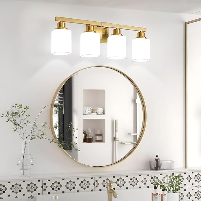 Brushed Gold Bathroom Vanity Light,4-Light Bathroom Light Fixtures with Square Frosted Glass,Gold Bathroom Wall Lamp Sconces for Mirror Bedroom,Living Room Hallway,E26