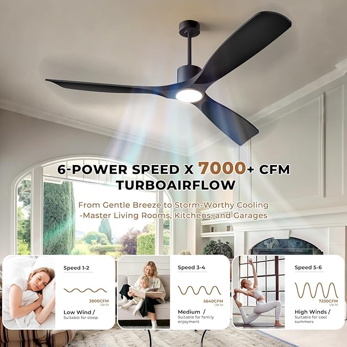 52" Smart Ceiling Fan with Lights,Outdoor Ceiling Fan Work with Alexa/Gg/App/Remote,3-Color Light Dimmable 6-Speed Quiet Reversible for Patio Porch Bedroom,Black