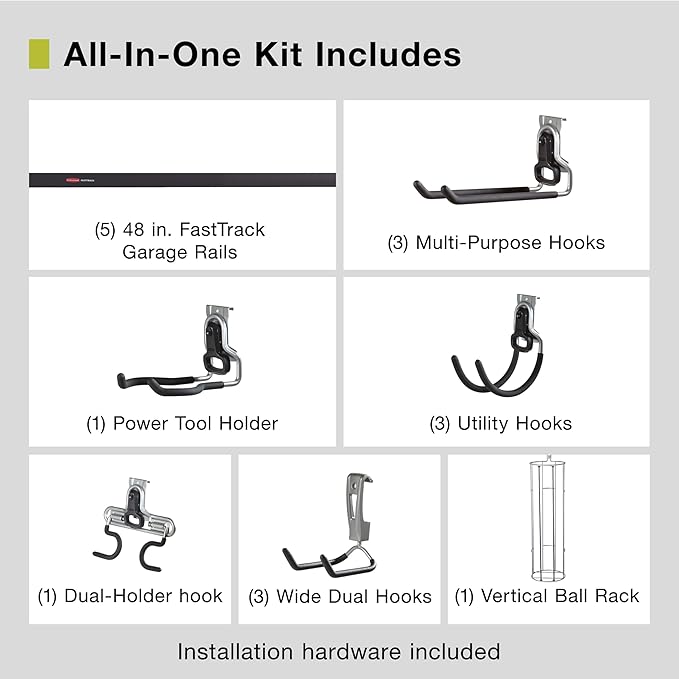 Rubbermaid 20-Piece FastTrack Garage Wall-Mounted Storage Kit 5 Rails and 15 Hooks for Home/House/Tool/Sports/Utility Purposes