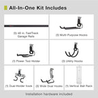 Rubbermaid 20-Piece FastTrack Garage Wall-Mounted Storage Kit 5 Rails and 15 Hooks for Home/House/Tool/Sports/Utility Purposes