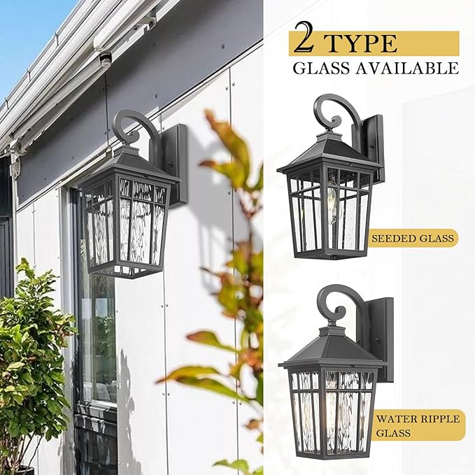 Darkaway Outdoor Wall Lights for House, Exterior Lighting Fixtures Wall Mount Outside Porch Lights Waterproof Black Outdoor Sconce Lights with Water Ripple Glass for Patio Garage Front Door