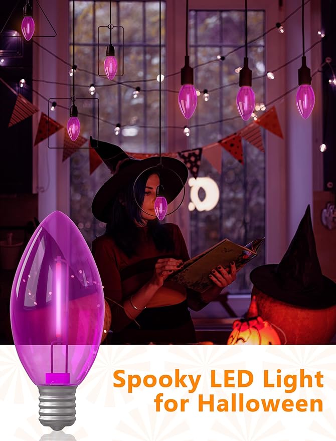25 Pack C9 Purple Light Bulbs for Halloween, LED Replacement Bulbs, E17 Candelabra Base, 0.6W 120V, UL Listed, Plastic Shatterproof Purple Bulb for Indoor Outdoor Use