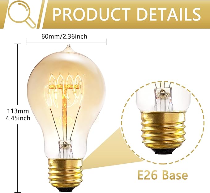A19 Incandescent Light Bulbs 60 Watt,120v Edison Bulbs Dimmable 2200k Warm Yellow E26 Base, Antique Retro Style Incandescent Bulb, Amber Glass Squirrel Cage Filament Decorative Lamp, 6Pack