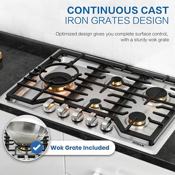 ROBAM G513 Gas Cooktop 30", Premium 5-Burner Design with 20,000 BTU Turbo Heat Wok Burner, Seamless Stainless Steel Finish, Brass Burners, Dual Fuel for Modern Kitchens