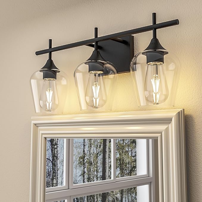 Vanity Bathroom Light, 3-Light Bathroom Light Fixtures Over Mirror, Black Vanity Lights for Bathroom with Clear Glass, Modern Wall Lamp for Cabinet Hallway, Bedroom