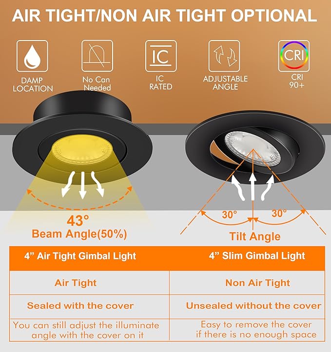 Cloudy Bay Eyeball 5 Color 4 inch Gimbal LED Recessed Light with Junction Box,9.5W CRI90+ 2700K/3000K/3500K/4000K/5000K Selectable,Dimmable Canless Ceiling Spot Light,Damp Location,Black,Pack of 6
