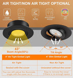 Cloudy Bay Eyeball 5 Color 4 inch Gimbal LED Recessed Light with Junction Box,9.5W CRI90+ 2700K/3000K/3500K/4000K/5000K Selectable,Dimmable Canless Ceiling Spot Light,Damp Location,Black,Pack of 6