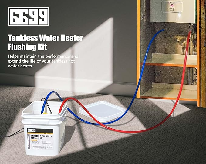 Tankless Water Heater Flushing Kit Includes 1/4HP Submersible Utility Pump with Two Plastic Adapters & 3 Gallons Pail with Bucket Lid Opener & Two 1/2” X 6’ PVC Hoses with Washers Easy to Clean