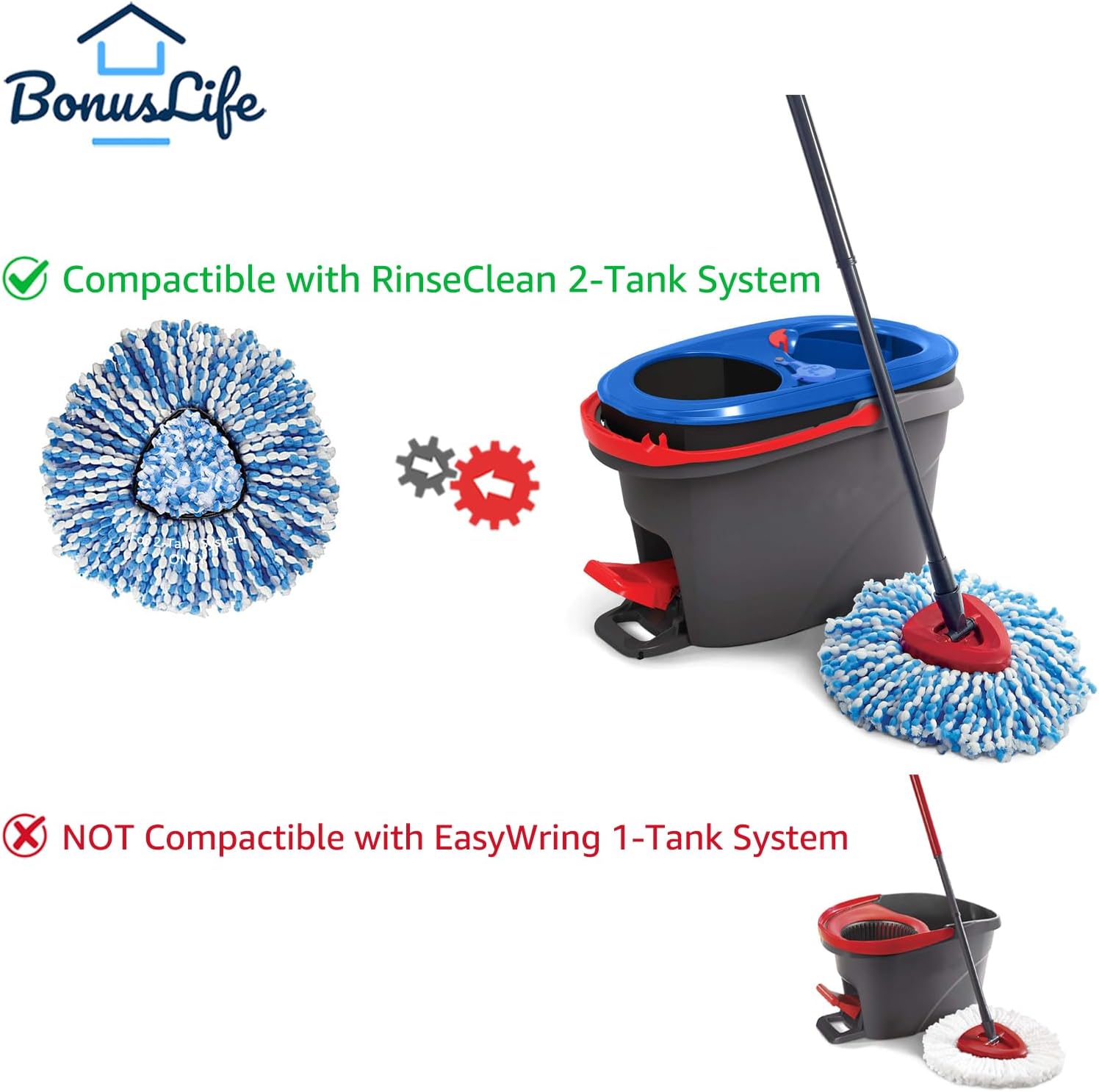 BonusLife 1 Pack Mop Refills and 1 Mop Head Base Part for O-Ceda RinseClean Spin Mop Refill 2-Tank System Only Easy Cleaning Microfiber Replacement