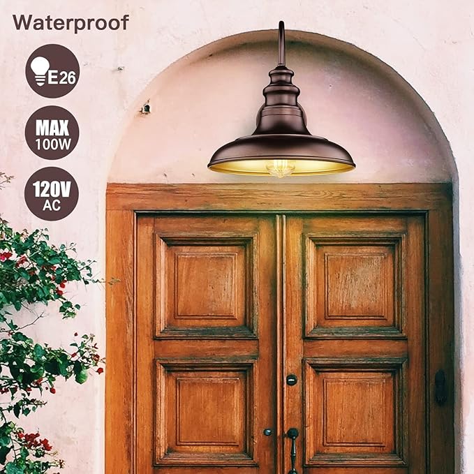 Dusk to Dawn Sensor Outdoor Barn Light Fixture Outdoor Wall Sconce Farmhouse Wall Mount Lights Exterior Gooseneck Light Fixture Bronze Finish Industrial Wall Lantern for Porch, Entryways, 1 Pack