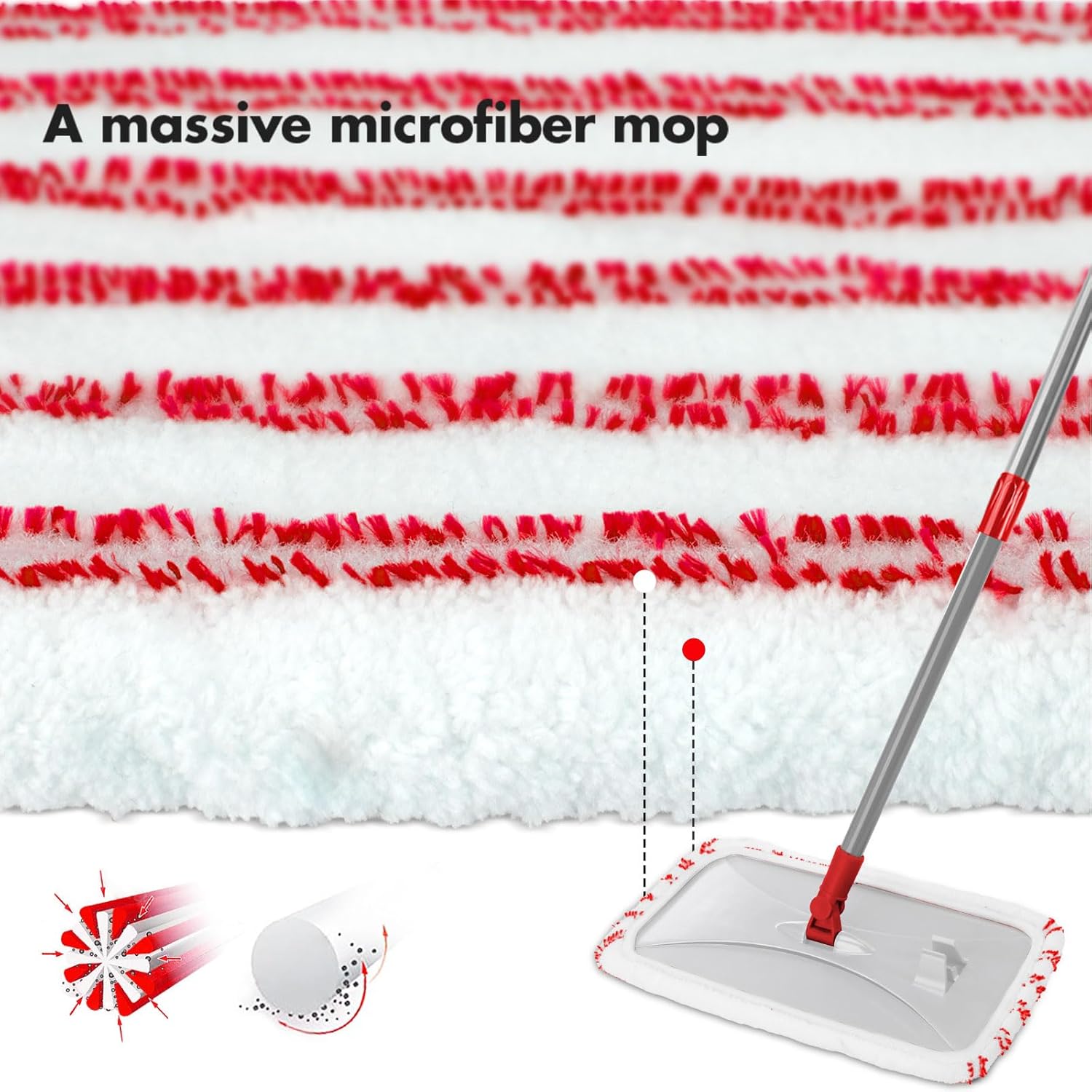 Masthome Extra Large Microfiber Mop for Floor Cleaning, 16“ Flat Mop with 5 Pad for Wet & Dry Use, Dust Mop for Hardwood Laminate Tile Ceramic, 1 Cleaning Scraper Included-Red