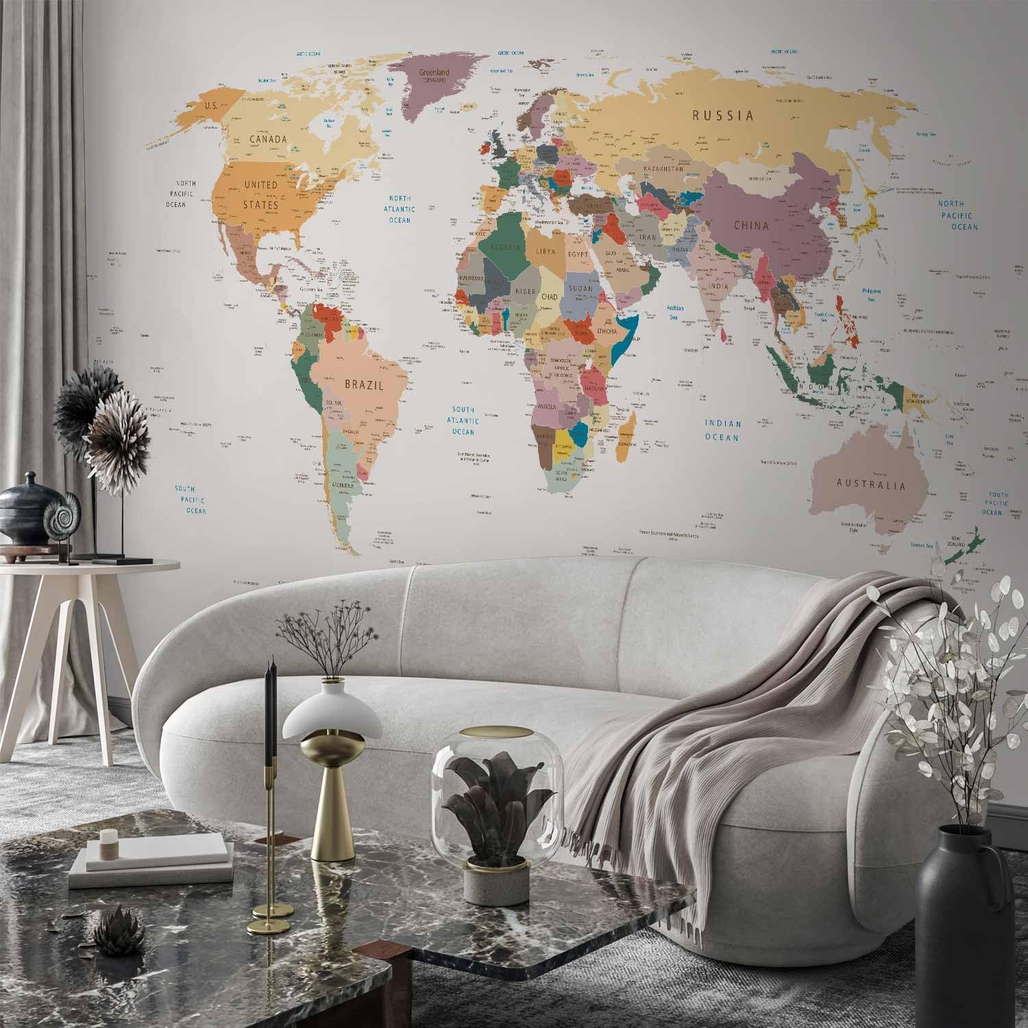artgeist Wall Mural World Map 173x124 in - Peel and Stick Self-Adhesive Wallpaper Removable Large Sticker Foil Wall Decor Print Picture Image Design Map of The World k-B-0001-a-b