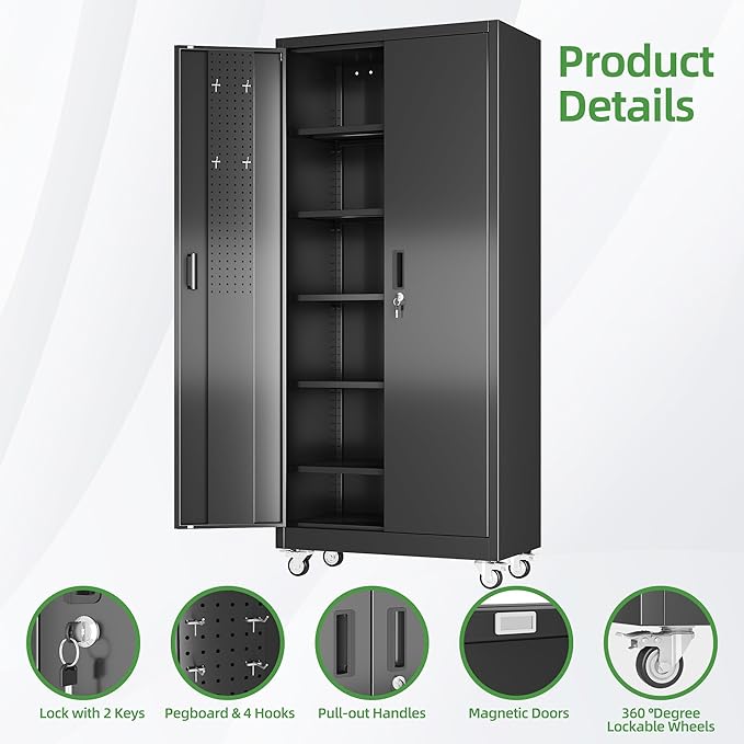Metal Storage Cabinet with Wheels and Pegboard,71" H x 32" W x 16" D Garage Storage Cabinet with 2 Doors and 5 Adjustable Shelves for Garage, Home, Warehouse, Closet, Assembly Required, Black