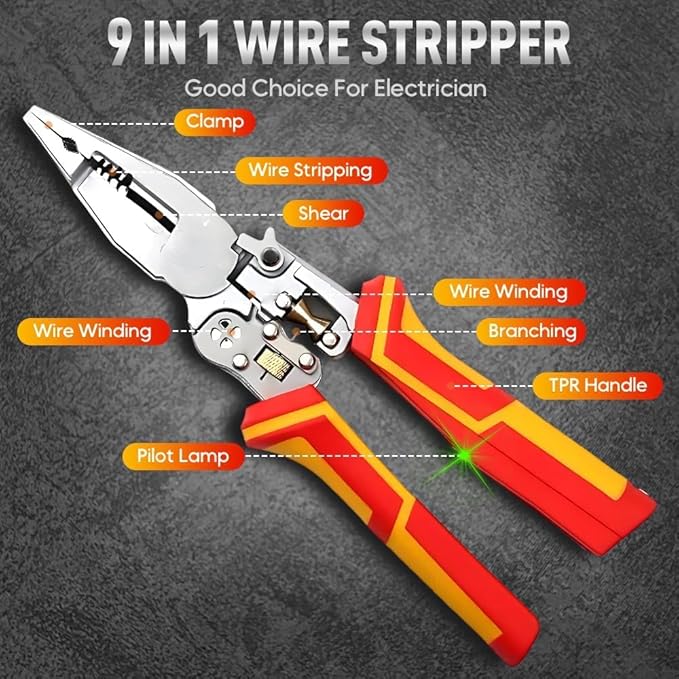 8-in-1 Wire Stripper Tool | 1000V Voltage Tester + Crimper/Cutter | 10-24 AWG Electrical Pliers with Non-Slip Grip (ETL Certified)