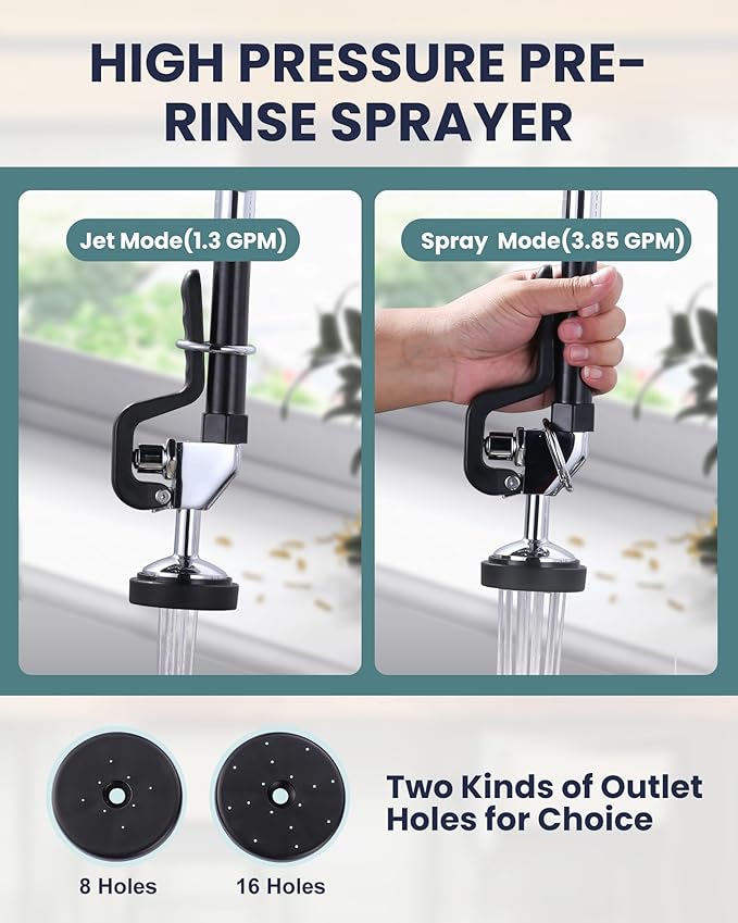 25" Height Commercial Faucet Wall Mount with Sprayer 8" Adjustable Center 9.6" Swing Spout, Kitchen Sink Faucet with Pull Down Pre-Rinse Sprayer for Restaurant Industrial Kitchen, Chrome