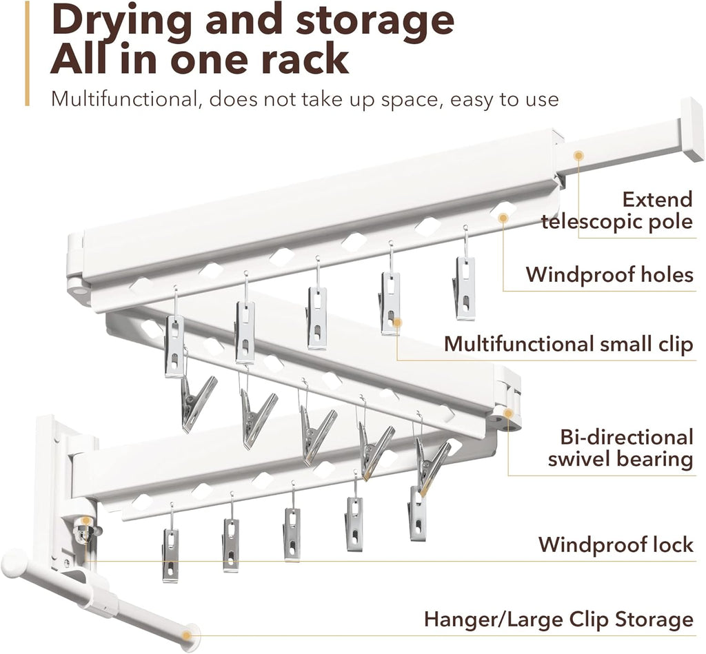 Wall Mounted Clothes Hanger,Clothes Drying Rack,Laundry Rack Wall Mount,Drying Rack Clothing,Clothes Rack Retractable,Collapsible(Tri-Fold), with Windproof Holes & Clips,White Color