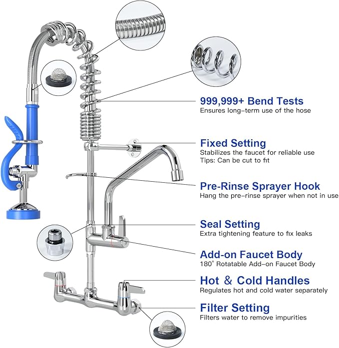 Commercial Faucet with Sprayer 25" Height 8" Adjustable Center 10" Swing Spout,Brass Constructed Wall Mount Kitchen Sink Faucet with Pull Down Pre-Rinse Sprayer for 1/2/3 Compartment Sink