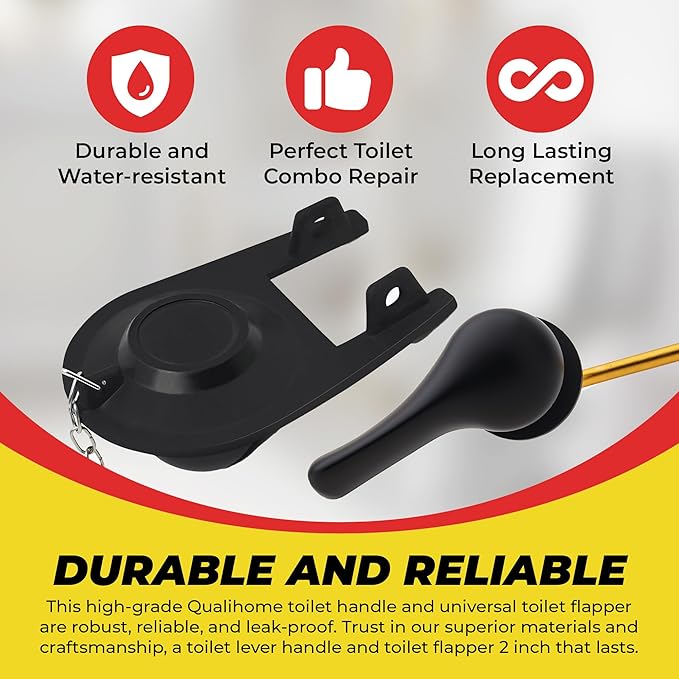Qualihome Front Mount Toilet Handle Replacement Kit - Black Flush Handle with 2 Inch Universal Toilet Flapper Replacement - Easy Install Toilet Lever & Flapper - Toilet Flusher Kit