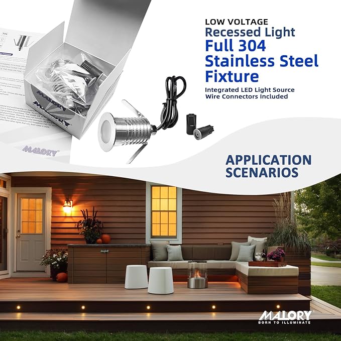 MALORY 6-Pack Recessed LED Deck Light, 1W 5000K12V Low Voltage Landscape Lighting, Outdoor Step Stair Lights,Full 304 Stainless Steel Deck Lighting for Outside Floor Yard (SG07, 6-Pack 5000K)
