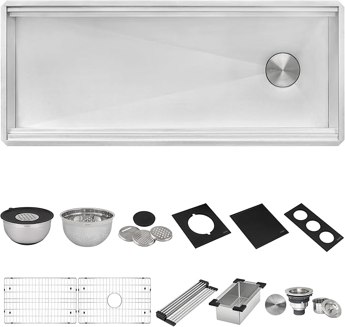 Ruvati 45-inch Two-Tiered Ledge Workstation Kitchen Sink - Undermount Kitchen Sink - 16 Gauge Stainless Steel Kitchen Sink with Brushed Finish hides scratches - RVH8335