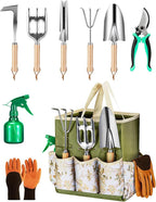 9-Piece Premium Gardening Tool Set for Women - Heavy Duty Stainless Steel Rust-Proof Tools with Fashion Storage Tote | Perfect Gardening Gifts for Mom, Mother's Day, Birthday & Outdoor (Green)