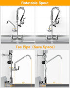 Commercial Sink Faucet Wall Mount with Pre Rinse Sprayer 8 inch Center Wall Mount Kitchen Sink Faucet 25" Height with 10" Add-on Swing Spout for 3 Compartment Sink-Round Sprayer