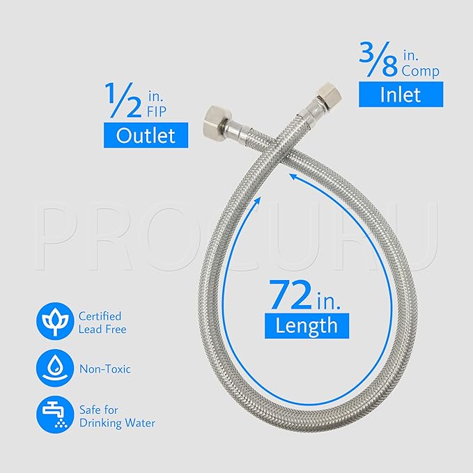 [4-Pack] PROCURU 72" (6Ft) Faucet Supply Line Connector, 3/8"C x 1/2"F Braided Stainless Steel (9SF72-4P)
