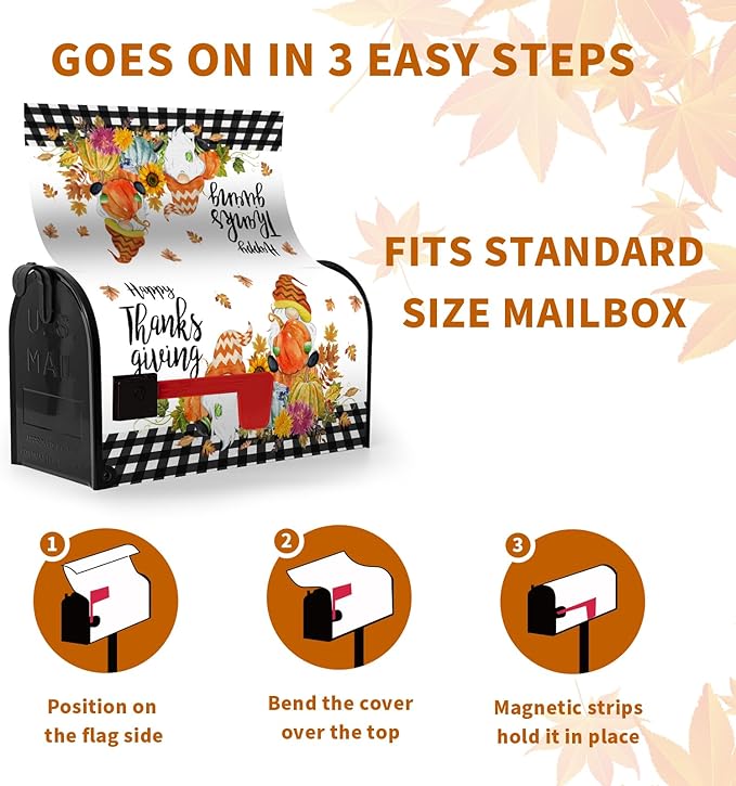 Happy Thanksgiving Mailbox Covers Magnetic Oversized Fall Gnomes Pumpkins Mailbox Cover Large Size 25.5x21 Inch Decor Black White Plaid Letter Post Box Wraps for Garden Outdoor