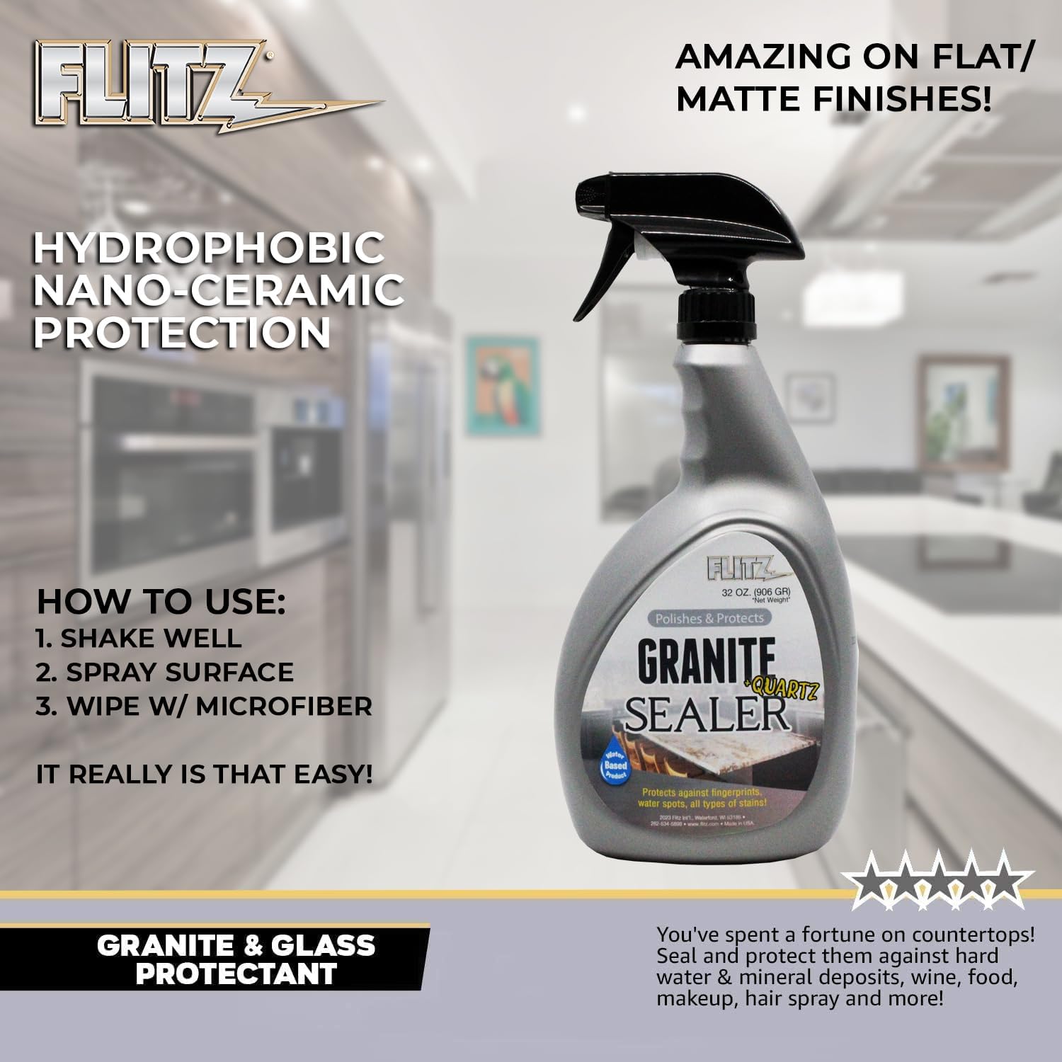 Flitz Granite Sealer (+ Quartz) - 32oz Bottle of USA-Made Quartz Sealer for Countertops, Glass, & More - Food Safe Marble Sealant that Shields Against Hard Water Stains, Mineral Deposits, Oil (1 Pack)