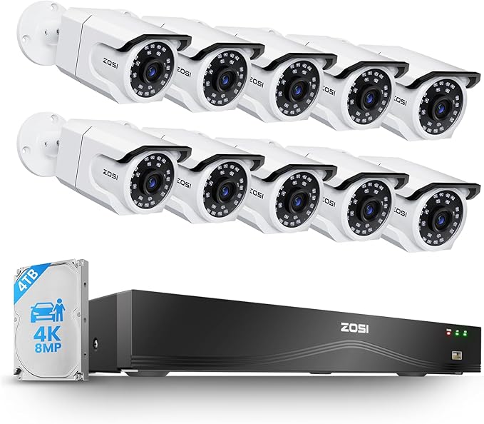 ZOSI 4K PoE Security Camera System with 4TB HDD,10pcs 8MP Outdoor PoE Cameras,People Counting,Person/Vehicle Detection,One-Way Audio,Dual Disk Backup,8MP/4K 16 Port 32CH NVR for 24/7 Recording
