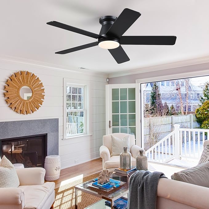 46" Black Flush Mount Ceiling Fans - Low Profile Ceiling Fan Light with Remote/App, 6 Wind Speeds and 3CCT Dimmable, Modern Indoor/Outdoor Fan Light Fixture