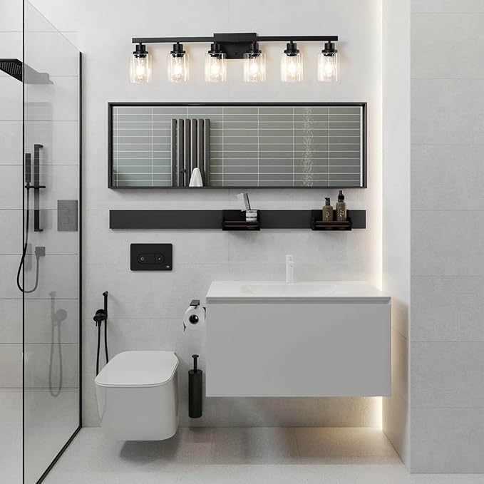 6-Light Black Vanity Lights 38'' Modern Bathroom Vanity Lighting Fixtures Above Mirror， Industrial Matte Bathroom Light Fixtures, Bath Wall Light Fixtures, Black Wall Sconces