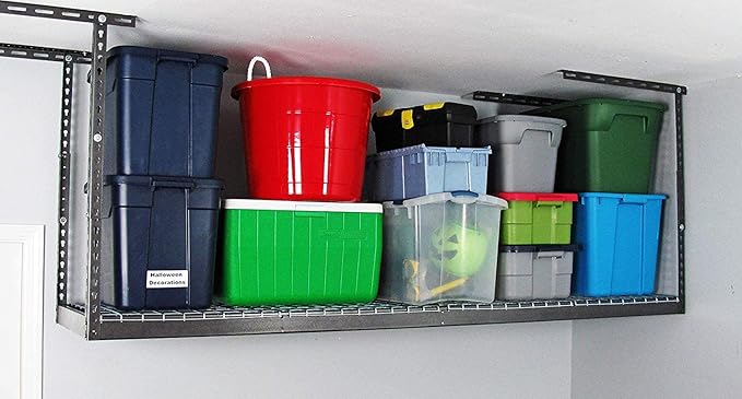 SafeRacks 3x8 Overhead Garage Storage Rack - 500 Pound Weight Capacity Height Adjustable Steel Ceiling-Mounted Rack with Accessories (Hammertone) (12"-21")