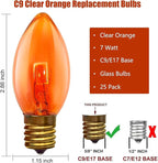 SUNSGNE 25 Pack C9 Orange Replacement Light Bulbs, Halloween Christmas Light Bulbs for E17 Base Outdoor String Lights, E17 Intermediate Base Light Bulbs, 7 Watt, Clear Orange