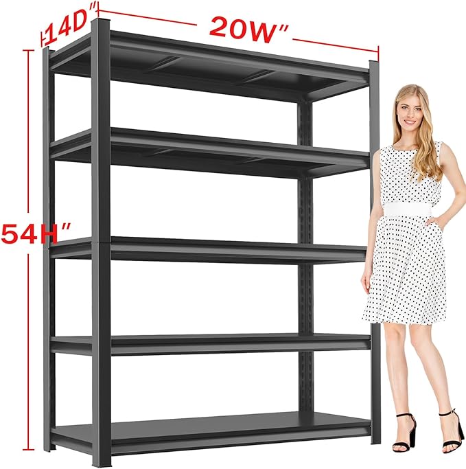 Metal Garage Storage Shelves Heavy Duty Shelving Unit 5 Tier Steel Adjustable Organizing Shelves 3000 LBS Capacity Industrial Shelving Ideal for Garage Tote Pantry Basement Outdoor, 54”Hx20”Wx14”D