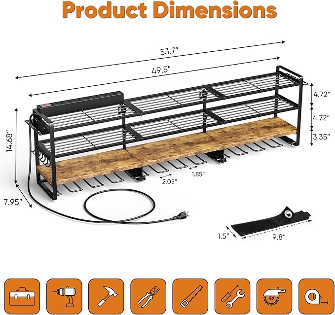 49.5" W Large Power Tool Organizer with Charging Station, 4-Layer Heavy Duty Utility Rack Loads 600lbs, Holds 8 Cordless Drills, Wall Mount Tool Shelf with 8-Outlet Power Strip, Gift for Men