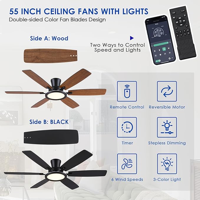 55in Black Flush Mount Ceiling Fan - RGB Low Profile Ceiling Fan Light with Remote-APP, Dimmable and 3CCT, Modern Fan with RGB Light for Indoor and Covered Outdoor
